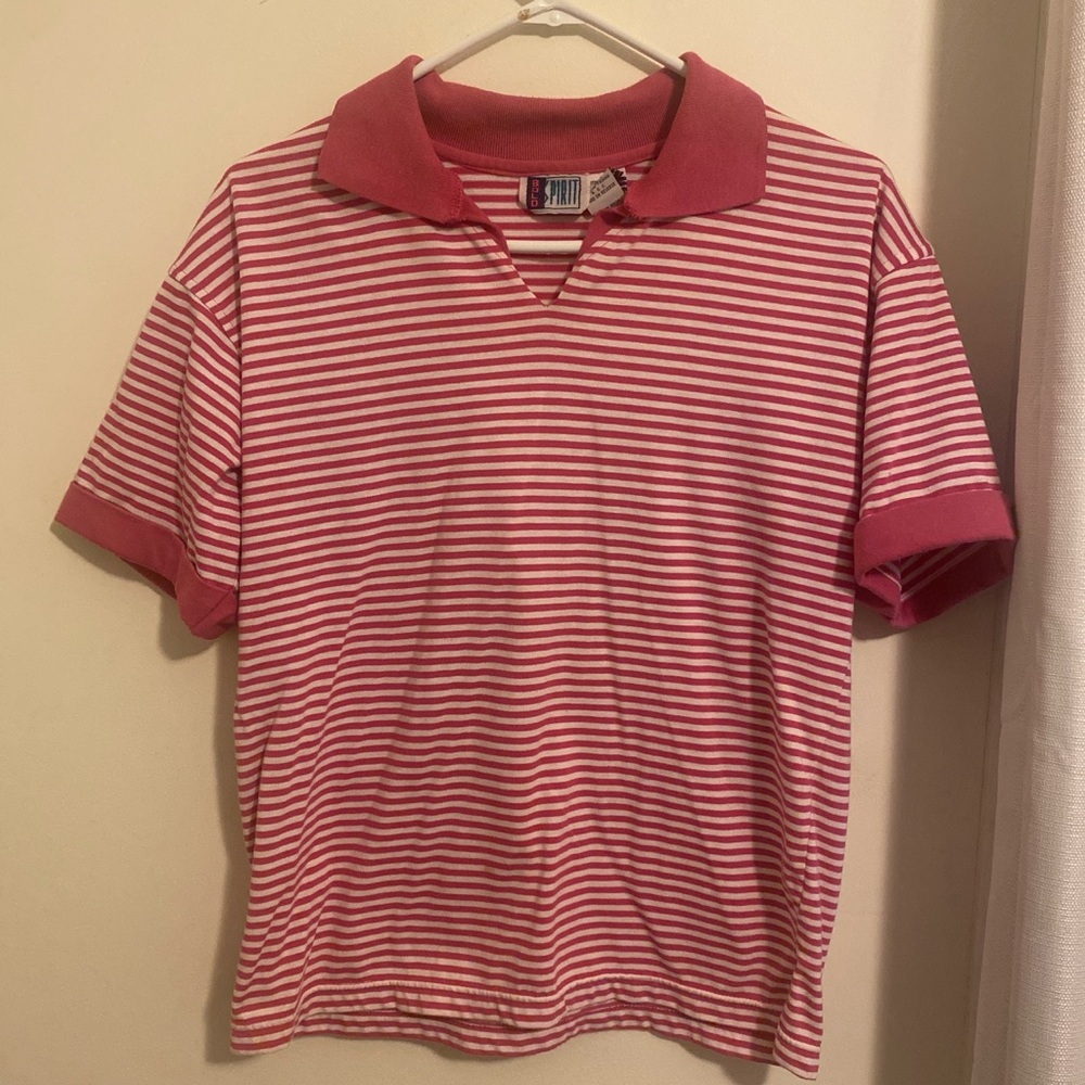 pink and white striped collared shirt